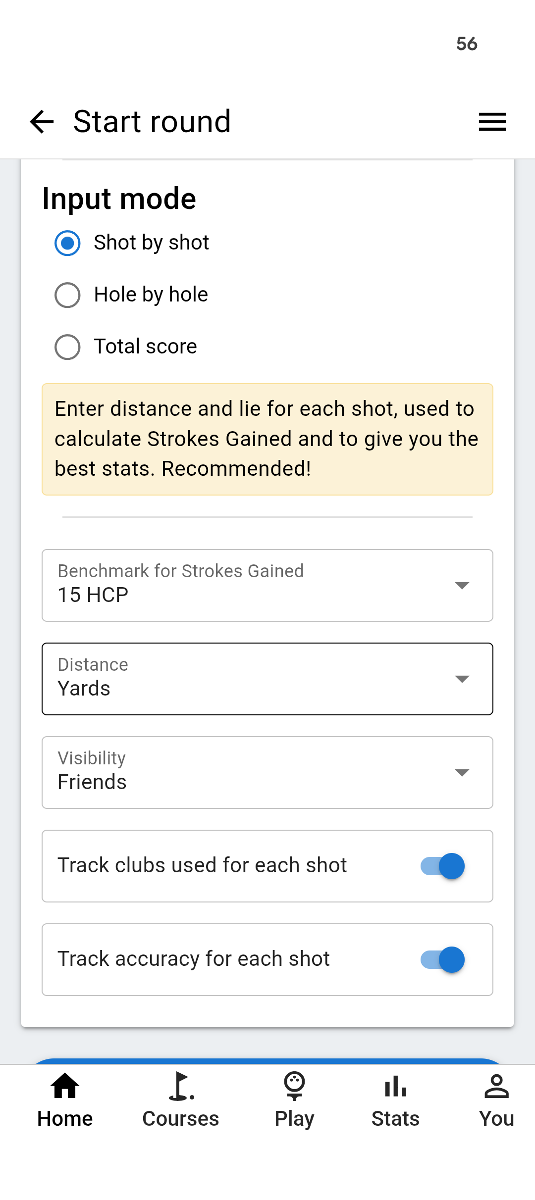 golfity tracking mode selection showing Quick Score, Hole by Hole, and Shot by Shot options